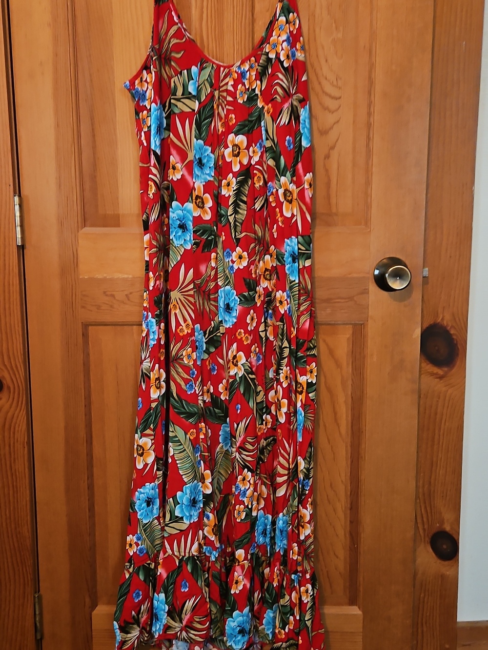 Red Floral Tropical Maxi Dress with Blue and Yellow Blooms